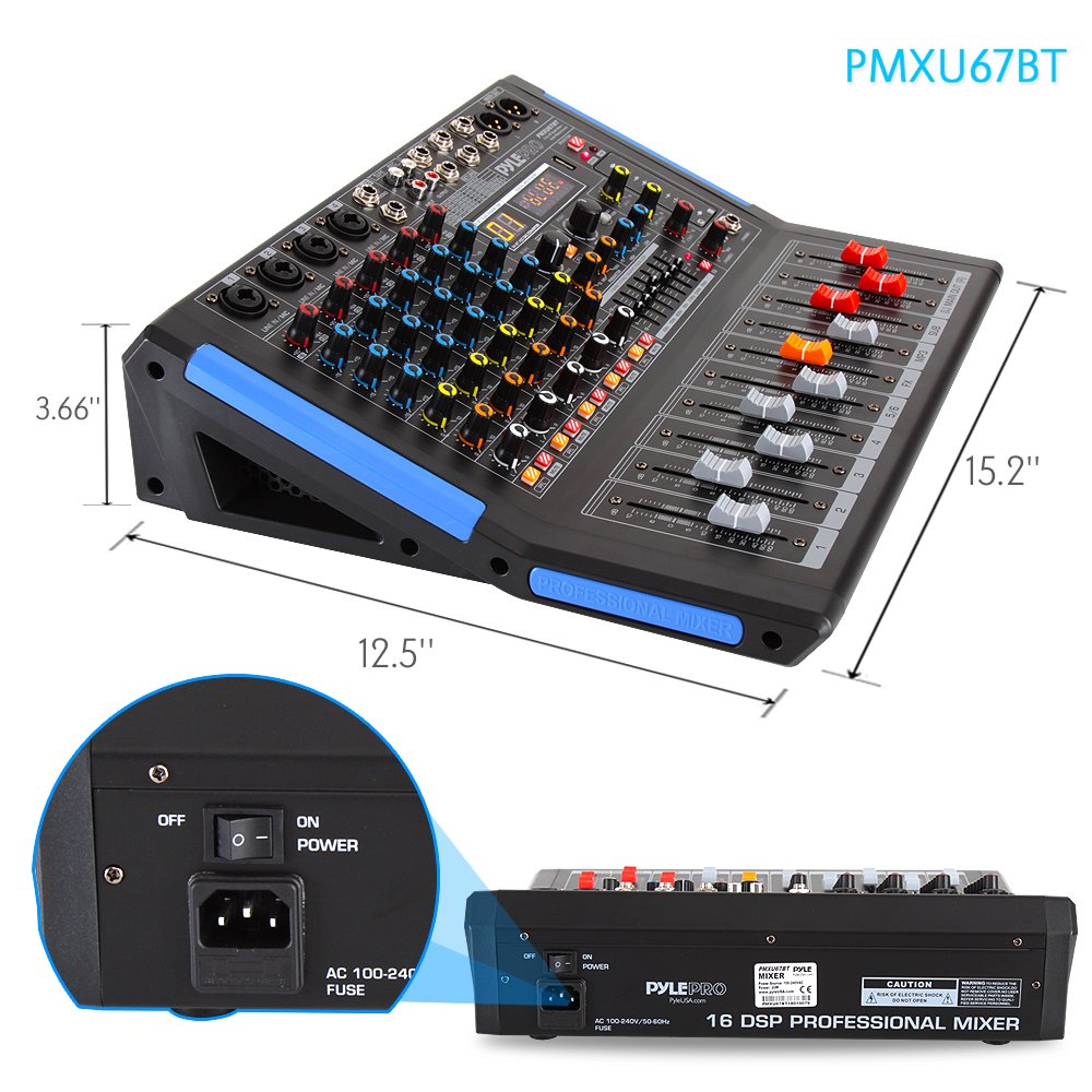 Pyle 6-Channel Console Style Audio Mixer with Bluetooth - DJ Sound Controller, 4 XLR / Combo Inputs, Sub Out, +48V Phantom, USB-A In, 16 DSP Effects, MP3 Player, 7-Band EQ - PMXU67BT