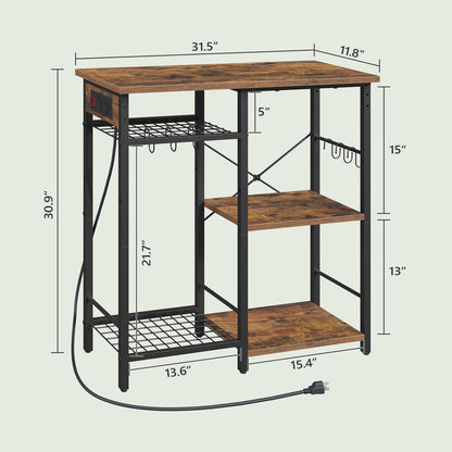 MAHANCRIS Bakers Rack with Power Outlet, Microwave Stand with Adjustable Mesh Rack, Coffee Bar Station, Kitchen Storage Racks with 6 S Hooks, for Kitchen, Dining Room, Rustic Brown and Black BRHR80E01