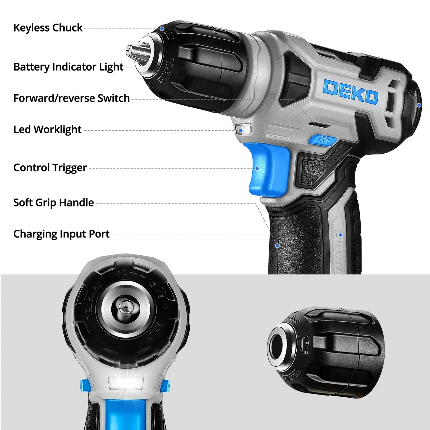 DEKOPRO Drill Set: Tool Set with 8V Blue Cordless Drill, Home Tool Kit with Drill, Hand Tool Kits for Men & Women 126 Piece