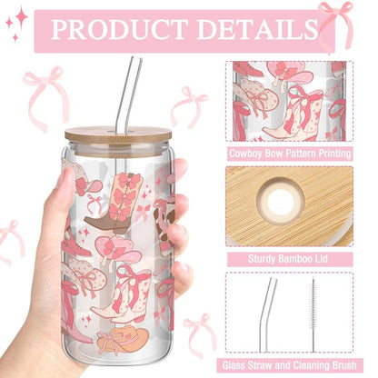 Yetene Coquette Bow Aesthetic Cup 16oz Cowgirl Glass Cup with Lid and Straw Pink Bow Tumbler Cowgirl Gifts for Women Girls Friend Sister Girlfriend