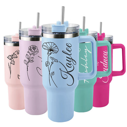 Elemtansy Personalized 40 Oz Tumbler with Handle and Straw, Custom Cup with Name, Stainless Steel Travel Coffee Tumbler, Personalized Birthday Gifts for Women