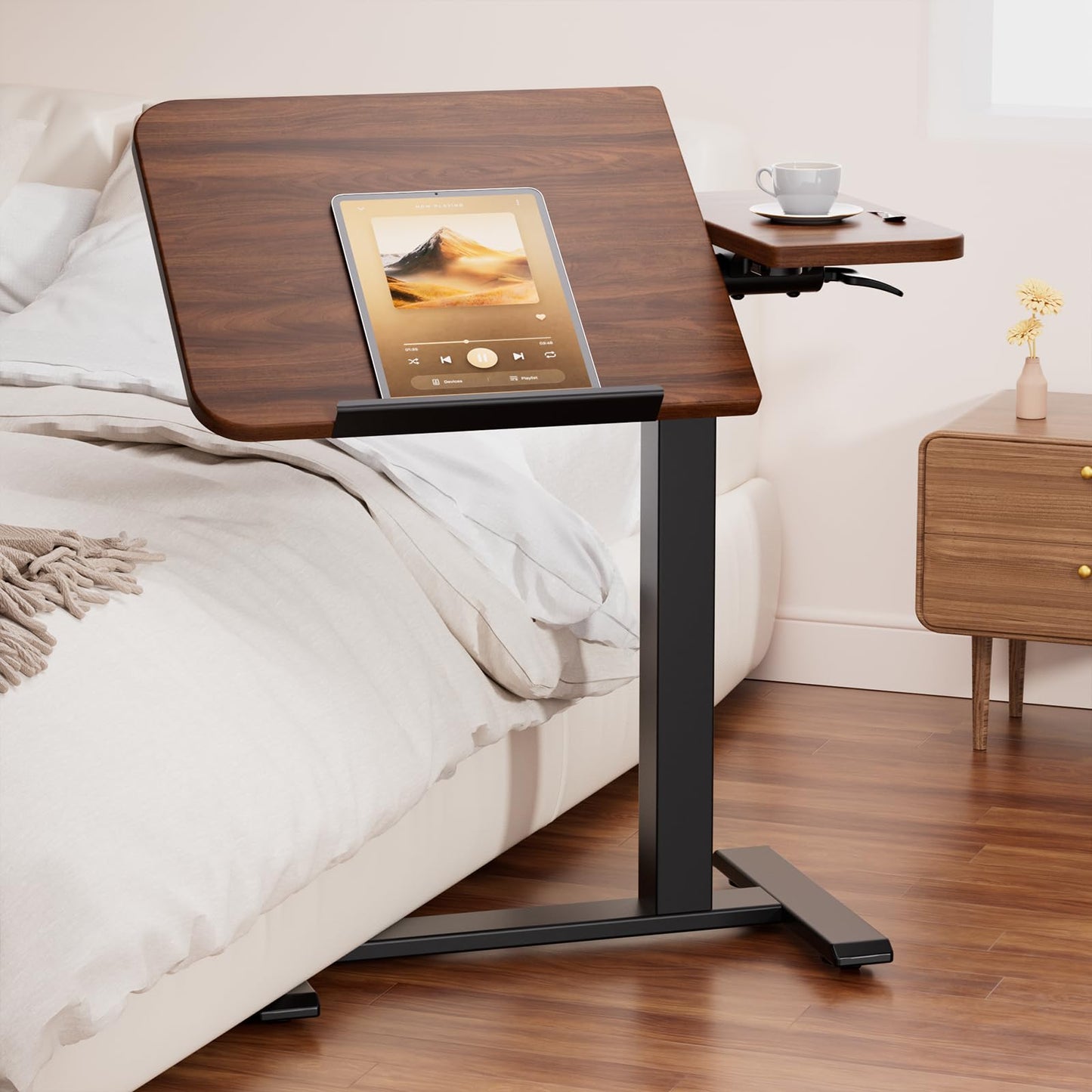 COMHOMA Tiltable Mobile Small Standing Desk, Pneumatic Adjustable Height Overbed Bedside Table with Wheels, Sit Stand Portable Rolling Laptop Desk Computer Workstations, Walnut