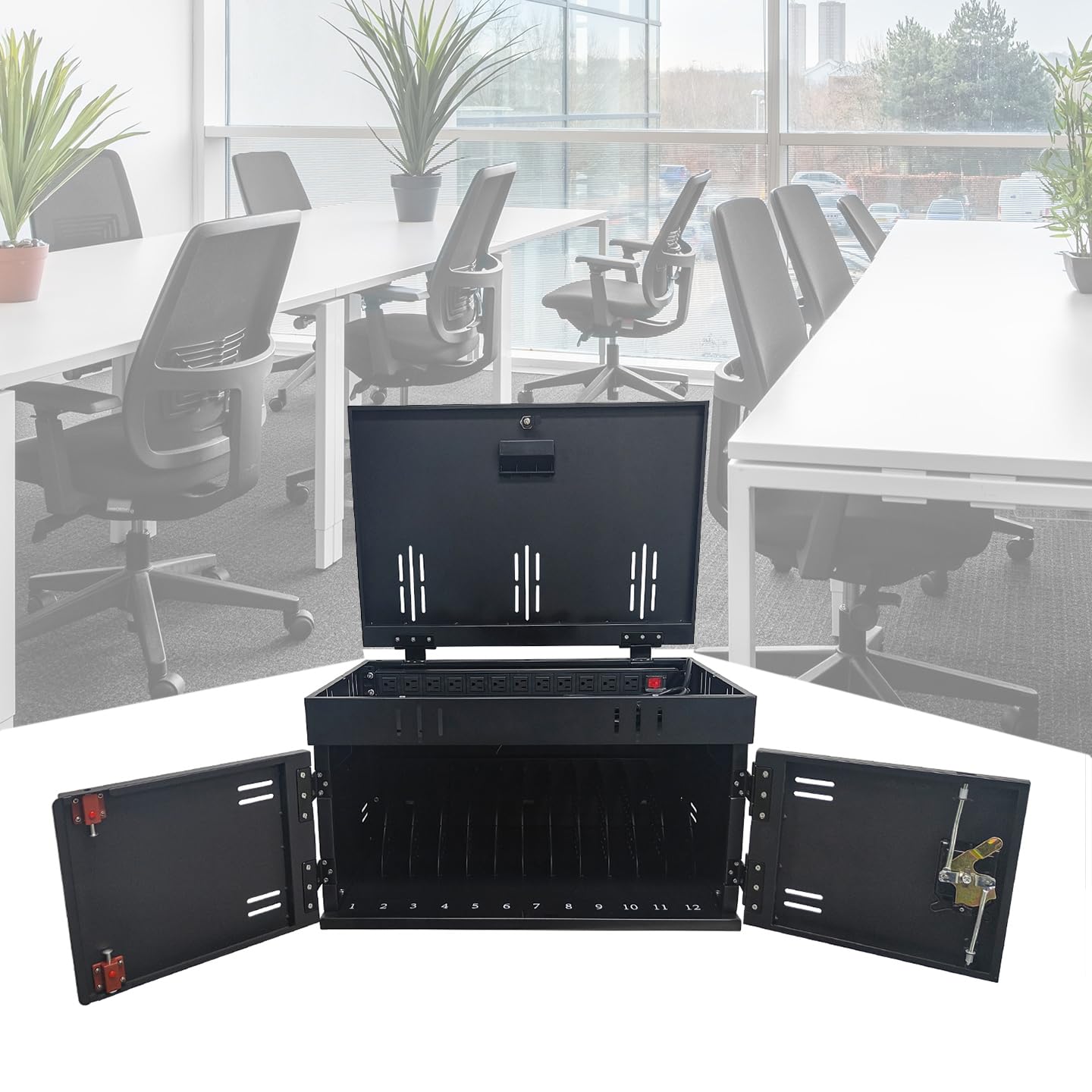 12 Device Charging Station for Laptops & Tablets, Portable Lockable Charging Cabinet Lock Box with Cable Management,Fits 17in Laptop Computers Chromebooks, for Classroom, Library, and Office(Black)