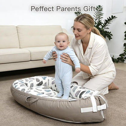 Infant Support Cushion - Reversible & Adjustable Baby Tummy Time Mat | Portable, Soft, Washable Cover | Grey Leaves