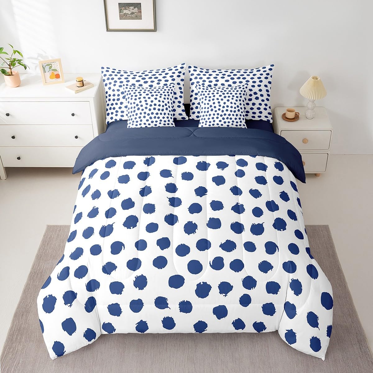 Erosebridal Boys Dots Bed in A Bag 7 Pcs Twin Size Polka Geometric Bed Set for Kids Men Brush Stroke Boho White Navy Blue Comforter Set Lightweight Sheet Set
