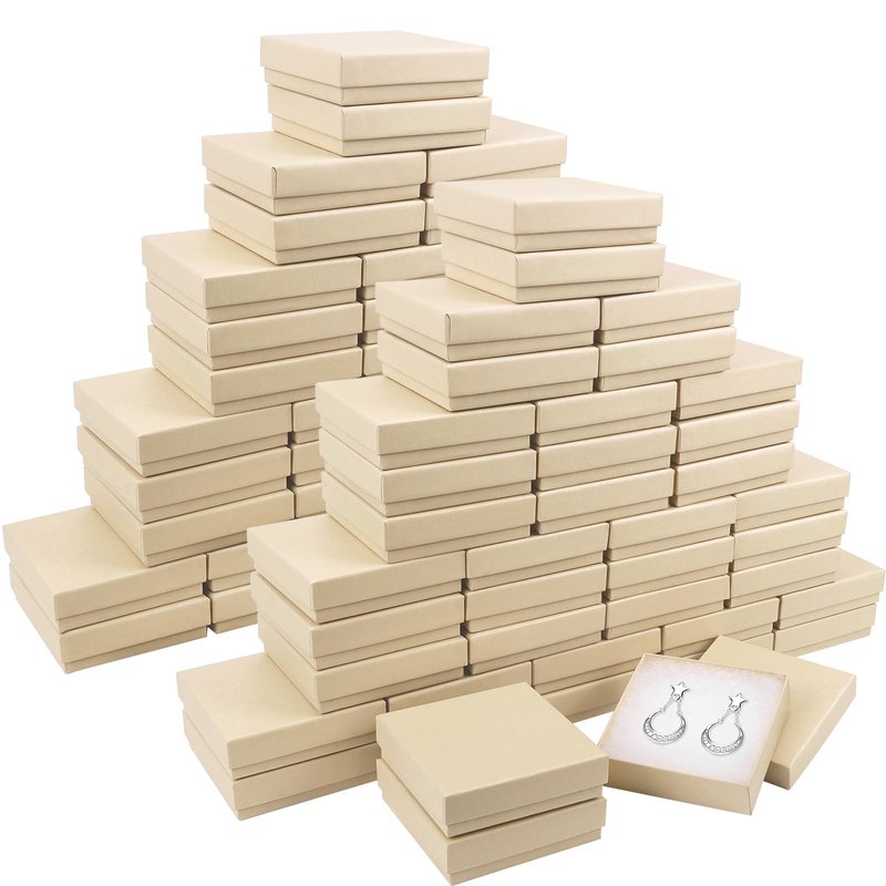 batifine Cardboard Jewelry Gift Boxes, 80 Pack 3.5x3.5x1 Inch, Bulk Cotton Filled Small Jewelry Boxes with Lids for Necklace Ring Bracelet Earring Display Box (Brown)