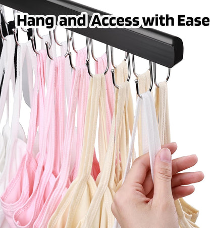 NECAMOCU Bra Hanger - Premium Wooden Closet Organizer with 36 Foldable Hooks | Space-Saving Design in Black