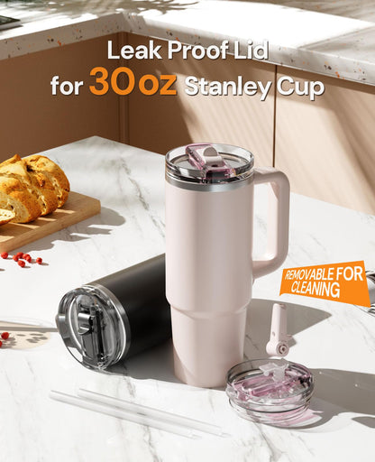 Leak Proof Lid for Stanley, 2 Pack 30oz Detachable ProTour Lid with Stanley Quencher, Flip Straw No Spill 30 oz Tumbler Lids, BFA-FREE Cup Accessories