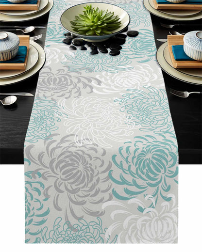 PIEPLE Aqua Chrysanthemum Flowers Table Runner-Cotton Linen-Long 13x108inches Dresser Scarves,Floral Grey Tablerunner for Kitchen Coffee/Dining/End Table Bedroom Living Room,Scarf Decor for Holiday
