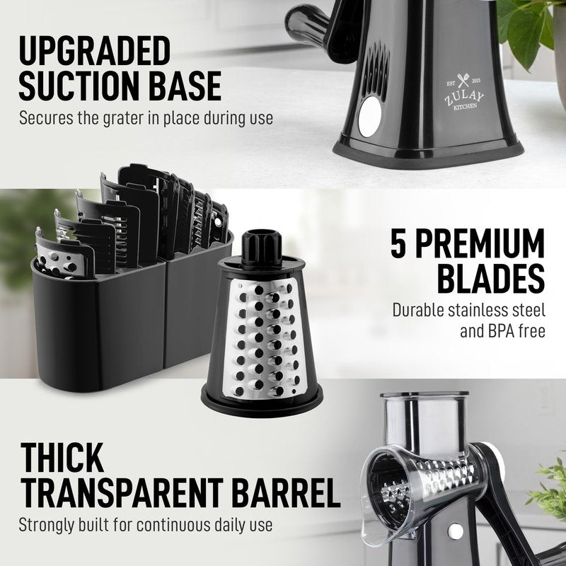 Zulay Kitchen Rotary Cheese Grater 5 Blade Cheese Shredder - Manual Hand Crank Cheese Grater With Reinforced Suction & 5 Interchangeable Drums - Easy to Use, Vegetable Chopper Round Mandoline Slicer
