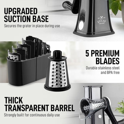 Zulay Kitchen Rotary Cheese Grater 5 Blade Cheese Shredder - Manual Hand Crank Cheese Grater With Reinforced Suction & 5 Interchangeable Drums - Easy to Use, Vegetable Chopper Round Mandoline Slicer