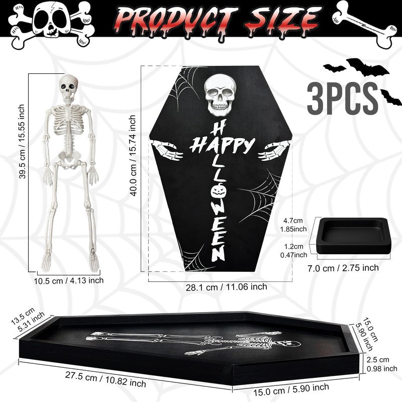 Fayavoo Wood Halloween Coffin Charcuterie Board with Skeleton Patter, Black Coffin Serving Trays with Dipping Saucer, Spooky Halloween Platters for Food Snack Candy Cheese Party Serving Dishes
