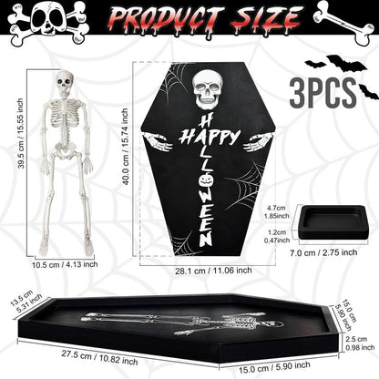 Fayavoo Wood Halloween Coffin Charcuterie Board with Skeleton Patter, Black Coffin Serving Trays with Dipping Saucer, Spooky Halloween Platters for Food Snack Candy Cheese Party Serving Dishes