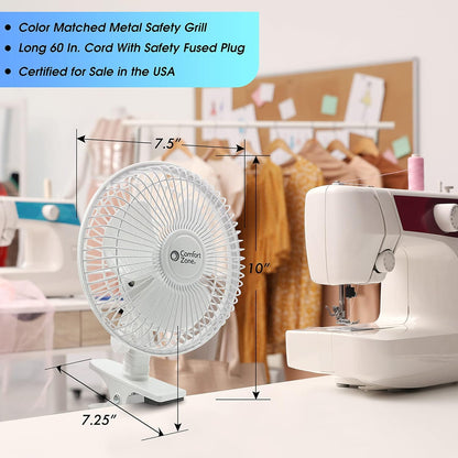 Comfort Zone Portable Clip on Fan, 6 inch Stroller Fan with Fully Adjustable Tilt, Quiet 2 Speed Bedside Fan, Mini Desk Fan, Table Fan, Easily Clip on to Desk, Stroller or Bedroom Nightstand, Black
