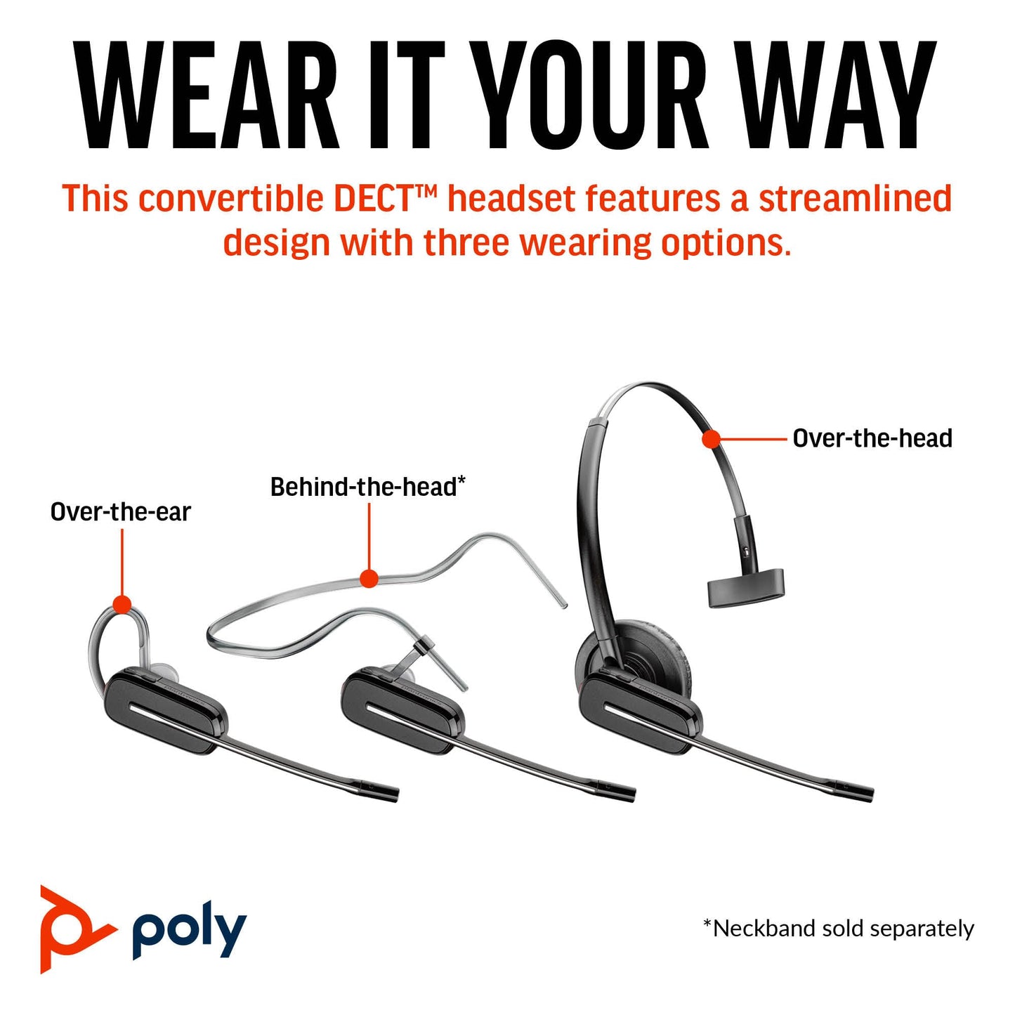 Poly CS540 Wireless DECT Headset (Plantronics) – Single Ear (Mono) Convertible (3 wearing styles) – Connects to Desk Phone – Noise Canceling Microphone – Amazon Exclusive