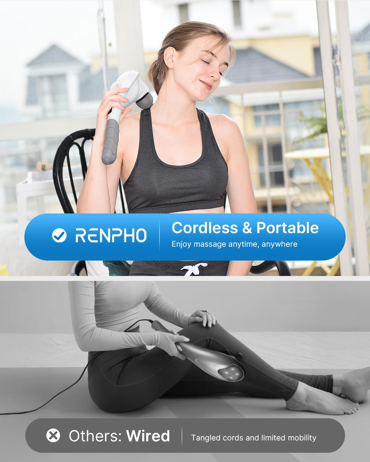 RENPHO Rechargeable Handheld Back Massager, Cordless Electric Neck Massage Tool for Shoulder, Foot, Leg, Calf, Gifts for Women and Men