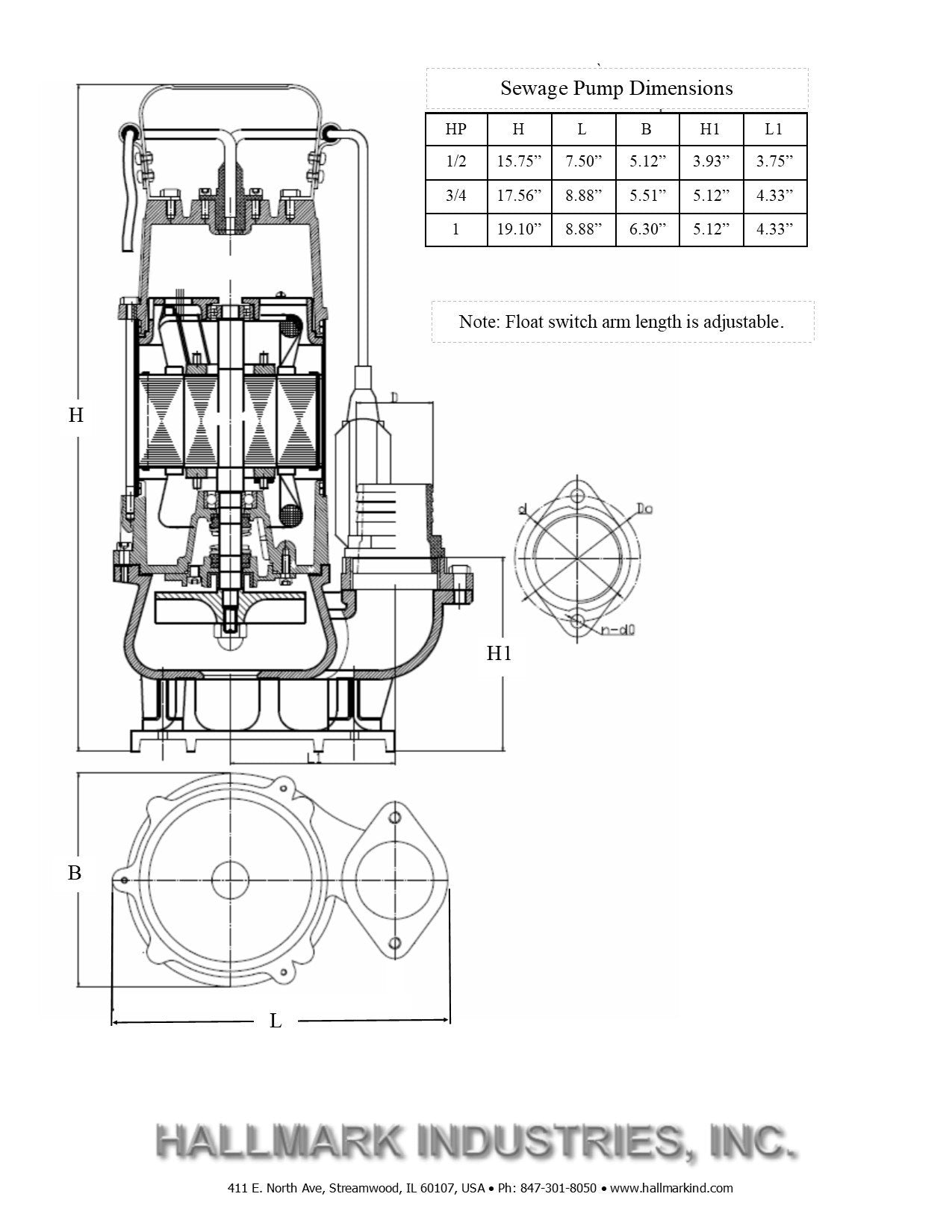 Hallmark Industries MA0387X-9A Sewage Pump with Float Switch, 7250 gpm, Stainless Steel, Heavy Duty, 1 hp, 230V, 49' Lift, 20' Cable
