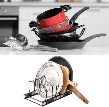 Toplife Pots and Pans Organizer Rack for Cabinet and Countertop, 10+ Pot Lids, Bakeware and Cookware Organizer Rack Holder with 10 Adjustable Compartments - Brown