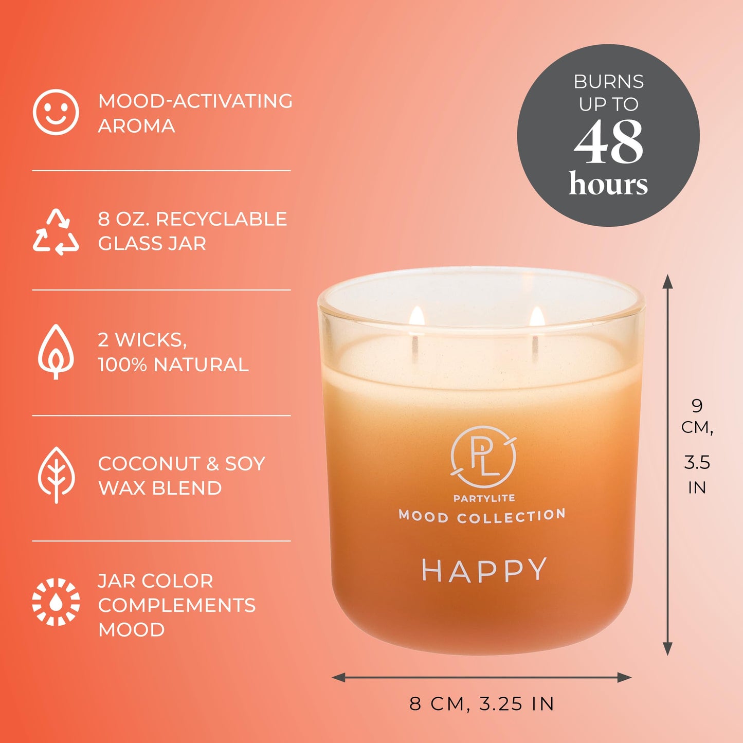 PartyLite Happy Scented, with Notes of Madagascar Mandarin and Orange Peel, 14.1oz 2-Wick Ombre Jar Candle, 24-48 Hour Burn Time, Part of The Mood Collection, Citrus & Floral, Perfect for Gifting