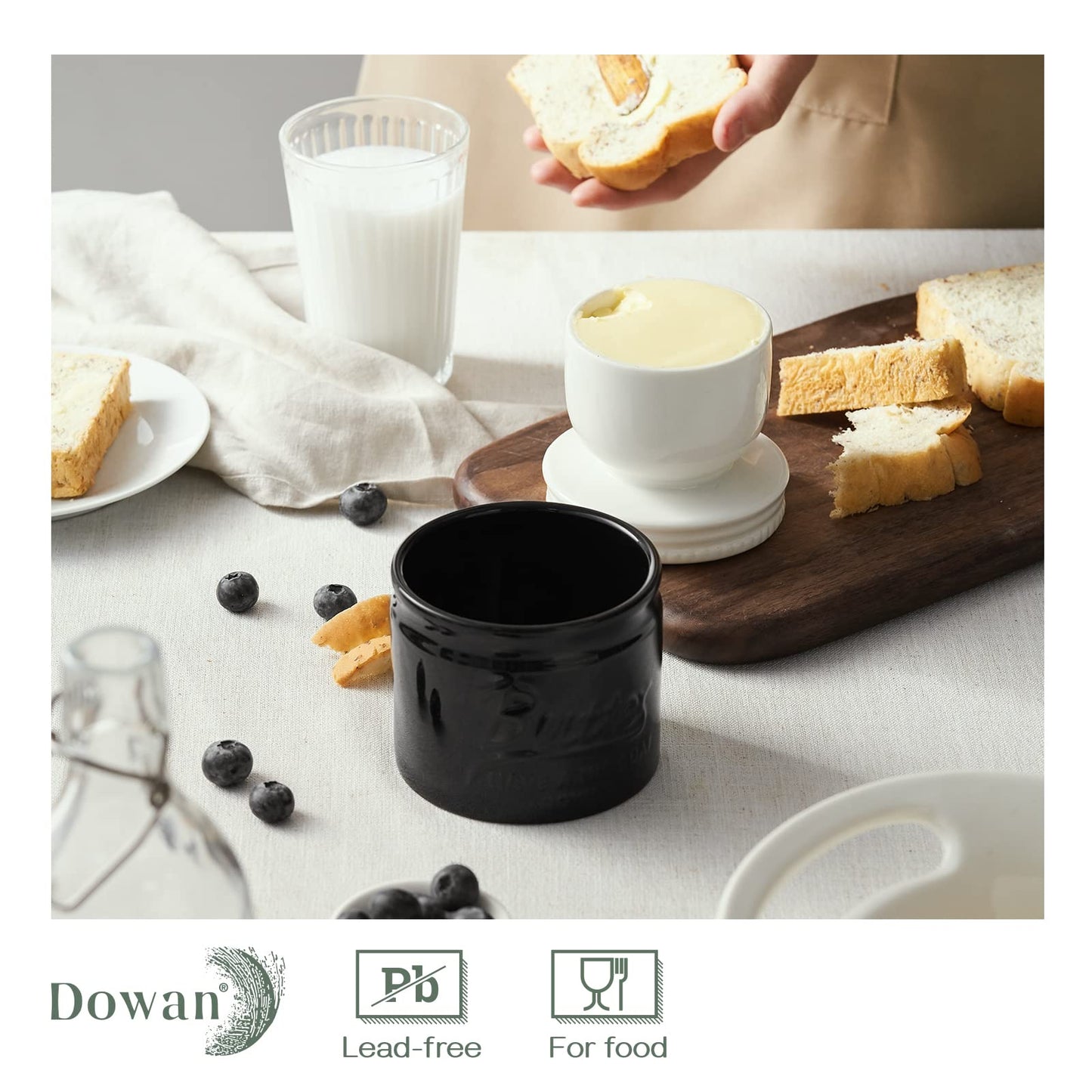 DOWAN Butter Dish, French Butter Crock With Lid for Spreadable Soft Butter, Porcelain Butter Keeper With Waterline for Counter, Embossed Butter Container Home Gift Kitchen Decor, Beige