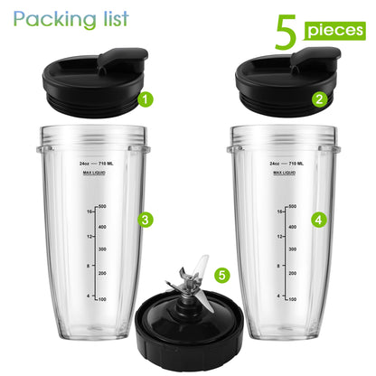 Blender Replacement Parts for Ninja, 24oz Ninja Blender Cups with To-Go Lids, 7 Fins Extractor Blade, Compatible with Nutri Ninja Auto iQ Blenders BL2012 BN801 BL480-30 BL640-30 BL642-30 NN100-30