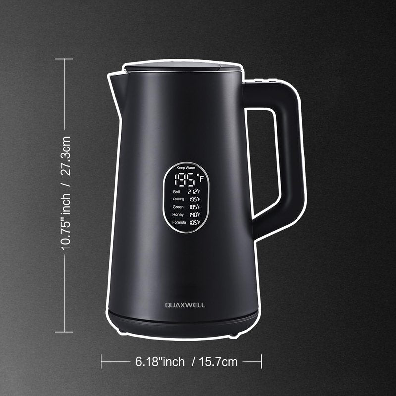 QUAXWELL 1.5L Electric Kettle Stainless Steel, Double Wall Cool Touch Teapot, Fast Boil, Precise Temperature Control, LCD Display, Auto Shut-Off, BPA-Free,Keep Warm Function, Ideal for Tea,Black