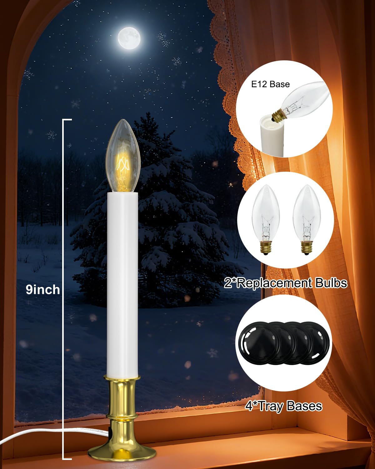 Electric Christmas Window Candles, Christmas Candles with Dusk-to-Dawn Auto Sensor - 7W C26 Light Bulbs, Turns On in Dark - Off in Light, Pack of 4