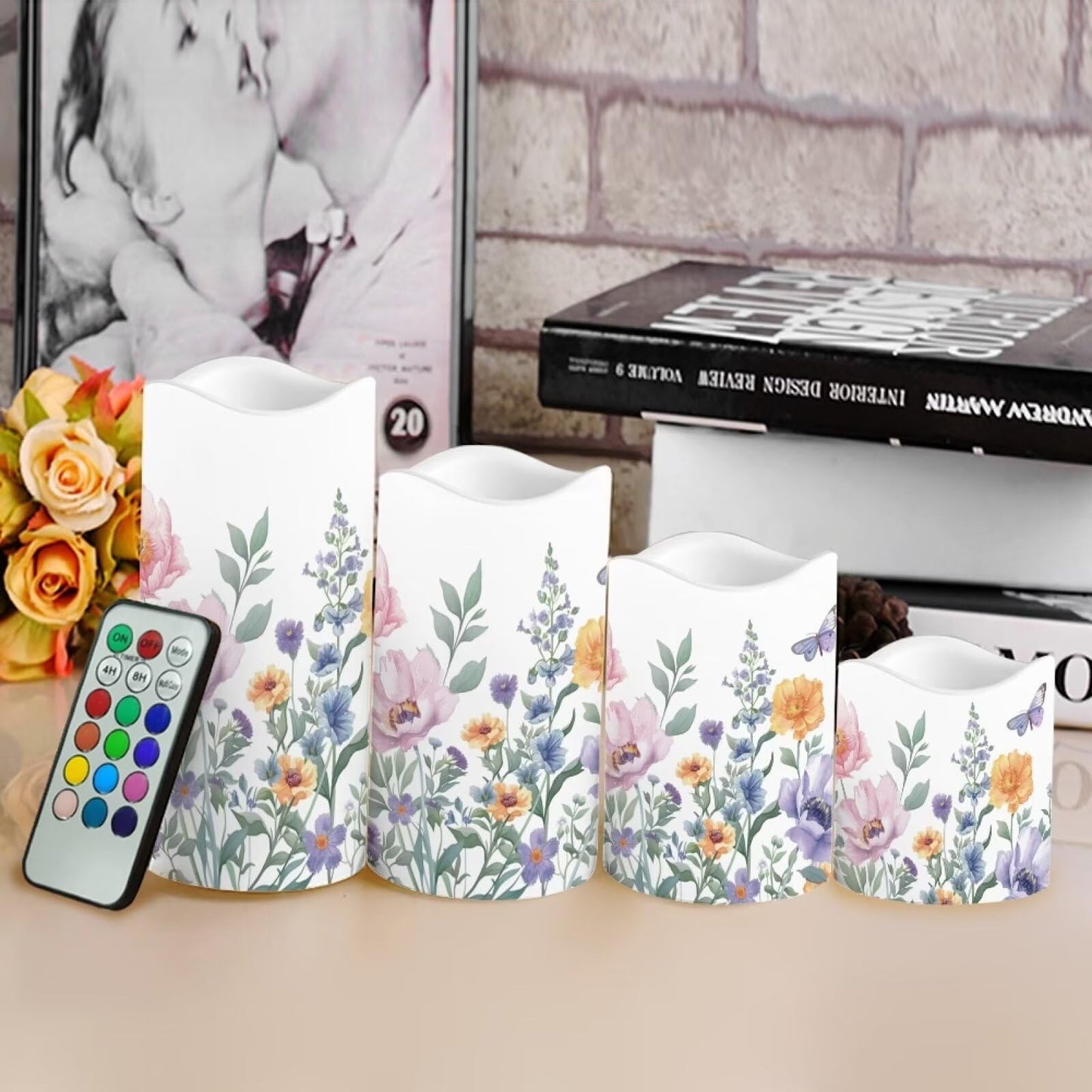 Uorisanigo Floral Flameless LED Candles with Remote and Timer - Set of 4 Electric Pillar Candles for Home Decor