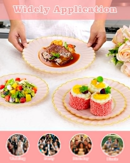 YOUBET 100PCS Pink Scalloped Plastic Plates - Heavy Duty Gold Disposable Fancy Hard Plates Include 50 Dinner Plate, 50 Dessert Plate, for Wedding & Party Mothers Day