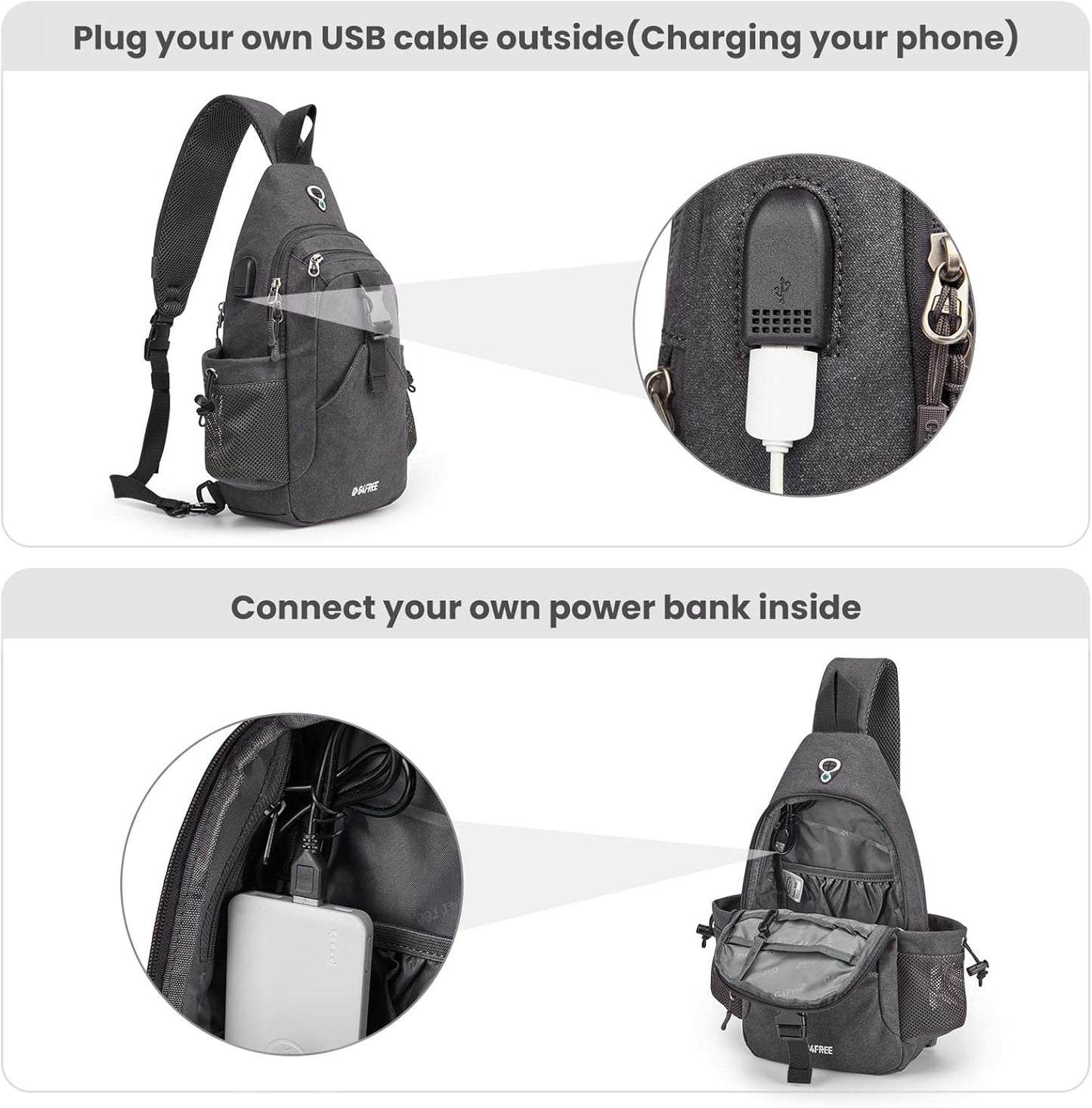 G4Free Canvas Sling Bag Crossbody Backpack with USB Charging Port & RFID Blocking, Hiking Daypack Chest Bag for Women Men
