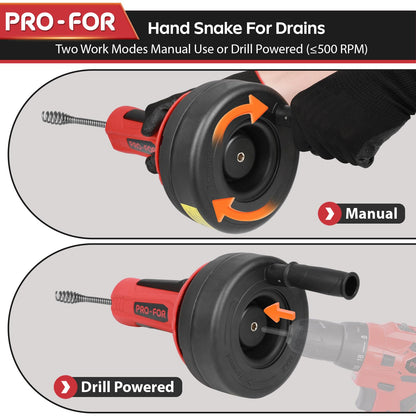 PRO-FOR Drain Auger, 16.4FT Plumbing Snake Drain Clog Remover, Manual & Drill Powered Drain Snake for 0.75–2 Inch Pipes, Sink, Shower, Bathtub, Toilet, Kitchen Drain Cleaner Tool with Steel Cable