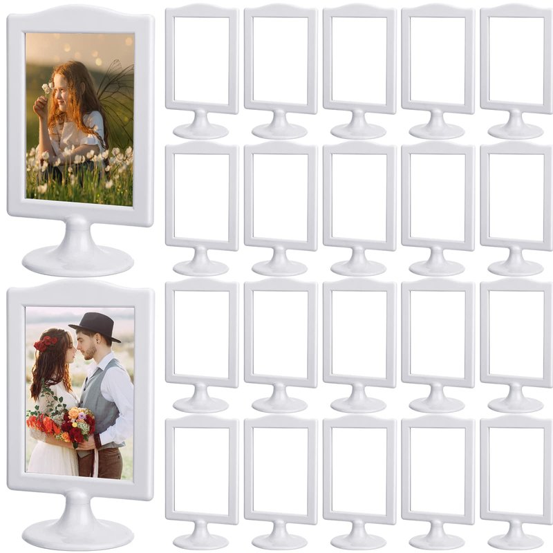 Amyhill 20 Pcs Double Sided Standing Picture Frames 4 x 6 Pedestal Photo Frame Plastic Each Holds 2 Pictures Tabletop Vertical Display for Wedding Table Bridal (White)