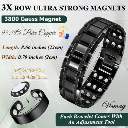 Vicmag Copper Magnetic Bracelet for Men, 3X Strength Magnets, Pure Copper Bracelet & 9X Magnet Ring Set, Adjustable Fit with Sizing Tool(Classic Black)