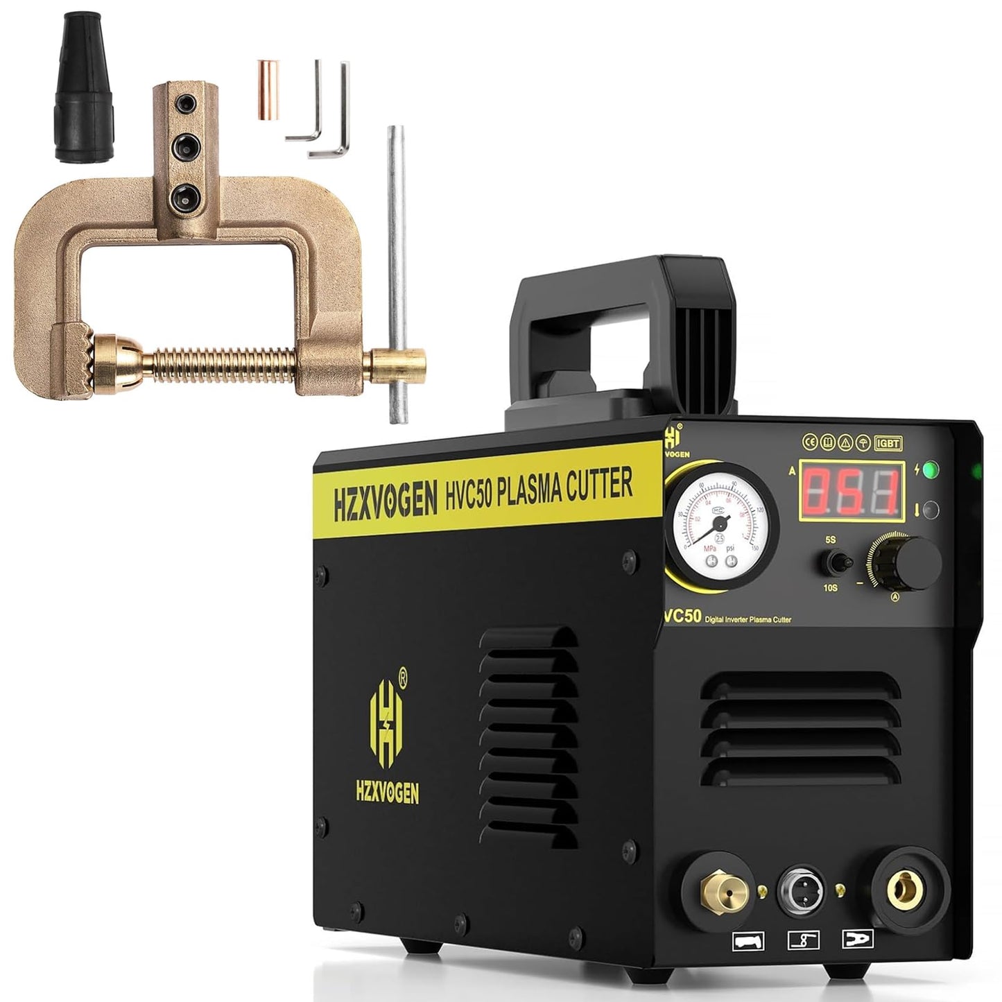 H HZXVOGEN Plasma Cutter with 400A G Style Earth Clamp, 50A Portable Plasma Cutter with Post Flow, 110/220V Dual Voltage Digital Display DC IGBT Inverter HF Air Plasma Cutting Machine