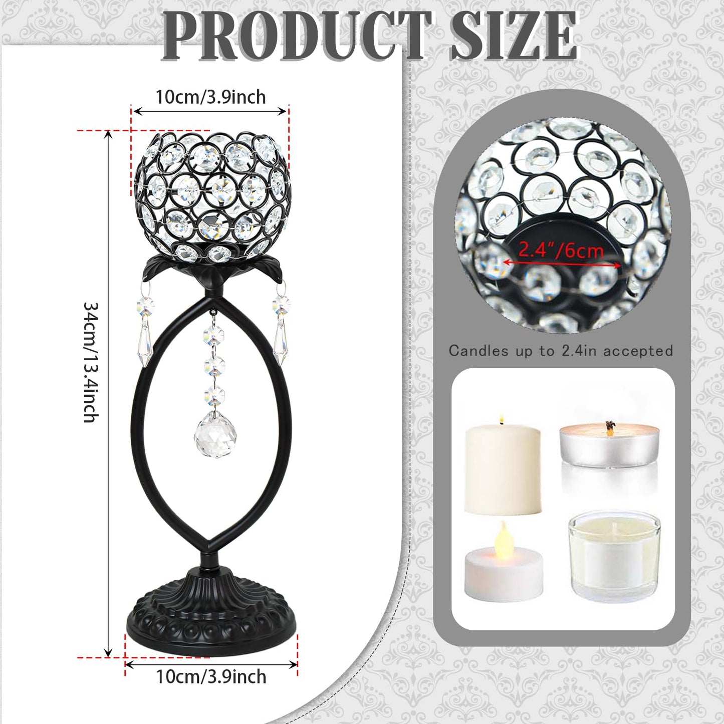 kehail 2 Pcs Elegant Metal Crystal Tea Light Candle Holders with Crystal Pendants, Hollow Design - Wedding Table Centerpieces for Anniversary Birthday Party, Home Decor (2, Black)
