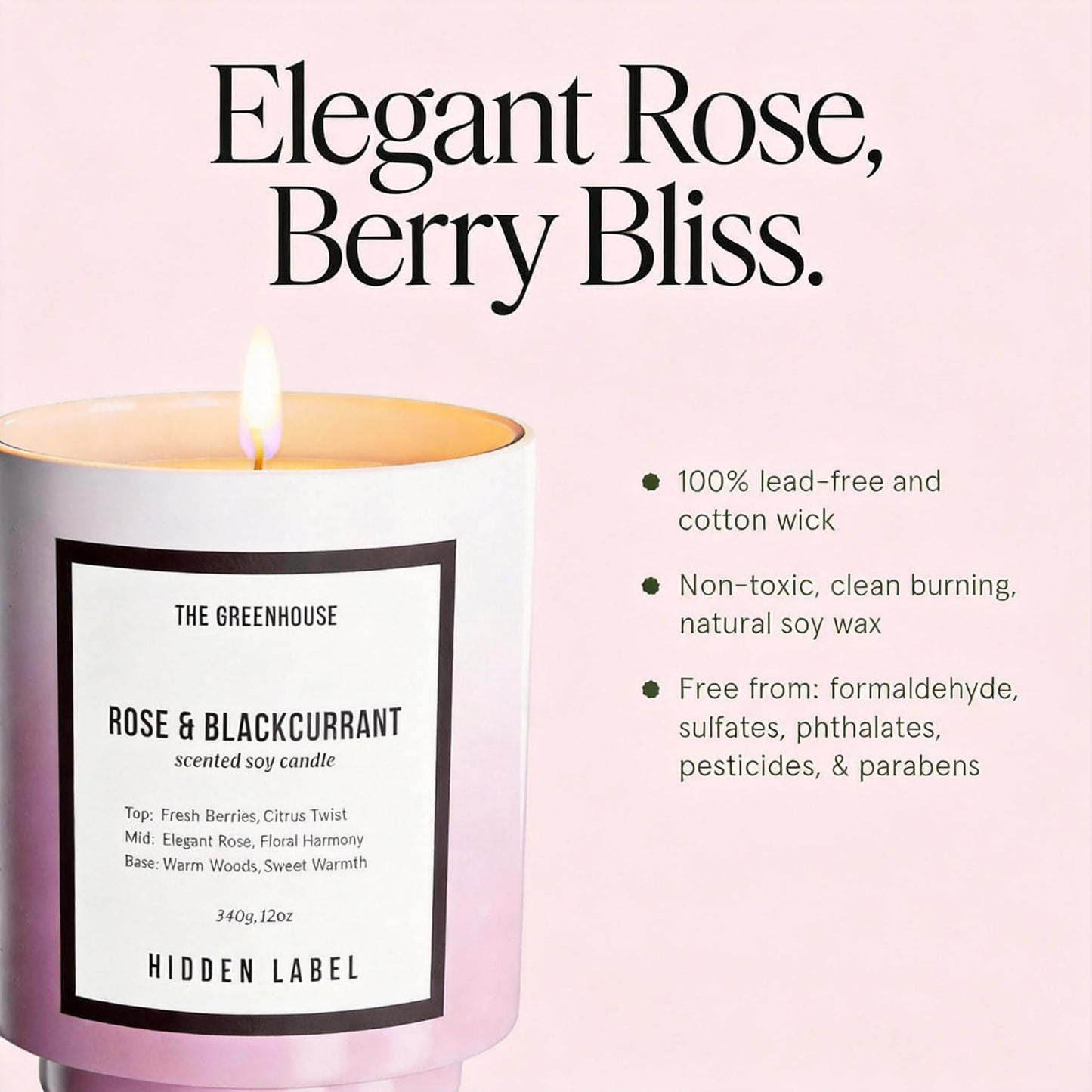 Rose Blackcurrant Candle, 12oz Natural Soy Wax Non Toxic Scented Candle 75 Hours, Bulgarian Rose & Cassis Essential Oil Aromatherapy Candle, Long Lasting Jar Candle Gift for Women