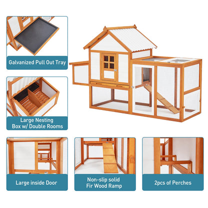 Chicken Coop with Nesting Box and Run, Wooden Outdoor Hen House, Chicken House with Ramp, 5 Access Doors, Removable Tray and Galvanized Wire for Backyard Poultry, Rabbit Hutch