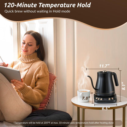 RONGBEST Electric Gooseneck Kettle 1L, 6 Temperature Control Presets, 1200W Quick Heating Water Pour Over Coffee & Tea Pot with Auto Shut-off & Keep-warm, Stainless Steel Inner & Lid, Matte Black