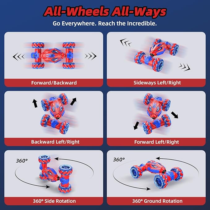 Unique 4WD 360° Rotating Gesture Sensing RC Stunt Car Double‑Sided Driving RC Drift Car with Lights Music &amp Spray Kids Outdoor Cars Toys for Ages 6-12 Gifts for Boys 6-122 Replaceable Batteri