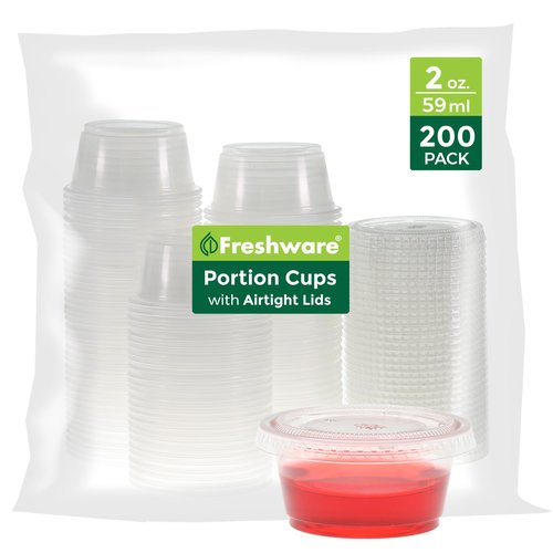 Freshware Plastic Portion Cups with Lids [2 Ounce, 200 Sets] Disposable Plastic Cups for Meal Prep, Salad Dressing, Jellos Shot Cups, Souffle Cups, Condiment and Dipping Sauce Cups