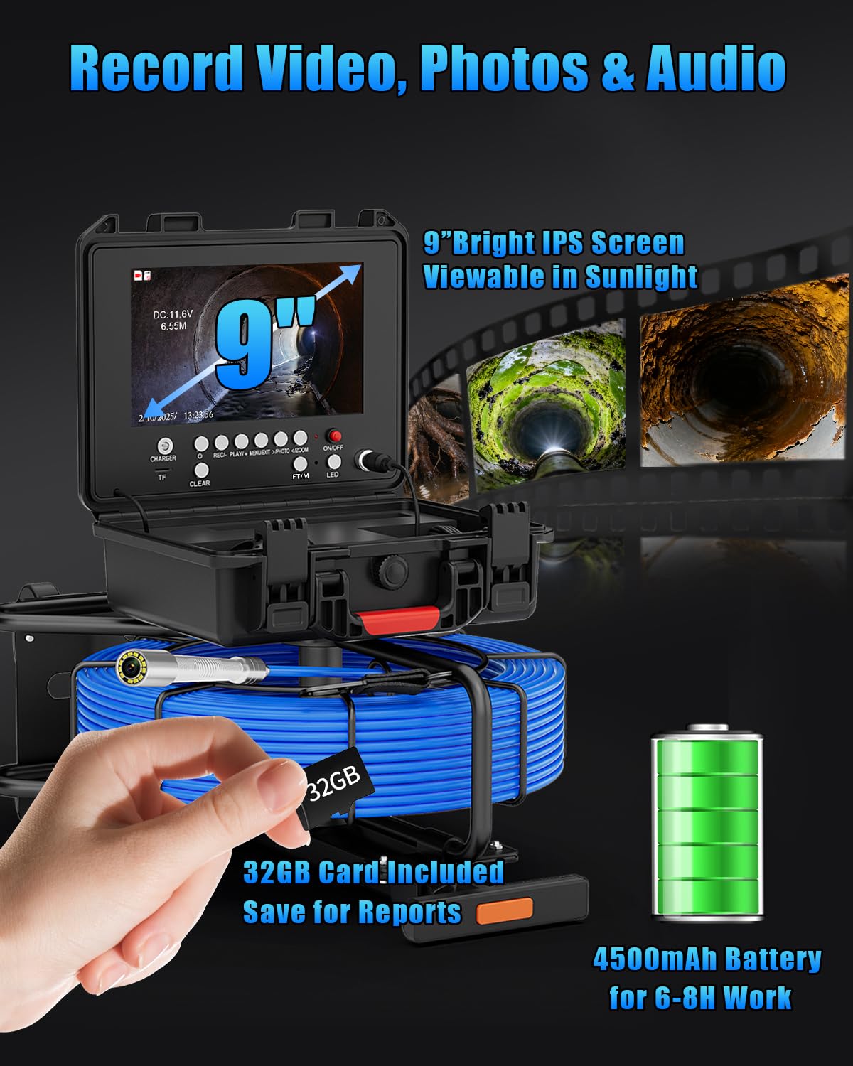 Sewer Camera Self Leveling 9'' with 512Hz Sonde & Meter Counter, 100ft Drain Inspection Camera w/ 7MM Cable, 12 LEDs, 23MM 1080P Self Leveling Probe, Waterproof 32GB DVR Pipe Endoscope for Plumbing