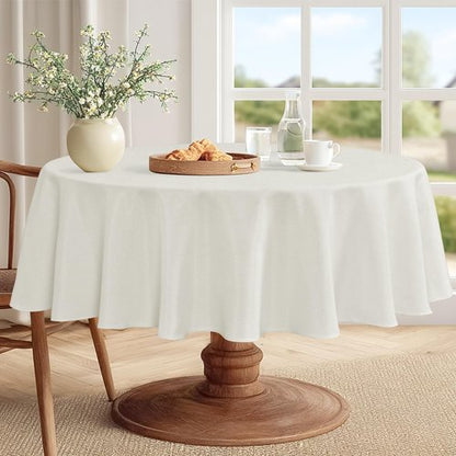 JIUZHEN Round Table Cloth Faux Linen Farmhouse Tablecloth Wrinkle and Stain Resistant Decorative Fabric Table Cover for Kitchen, Dining Room, Parties and Camping, White, 60 Inch Round