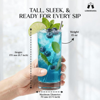 LEMONSODA Highball Glass Set | 15oz Set of 12 | Lead-Free Glass with Heavy Base | Dishwasher Safe Cocktail Glasses for Mojito Whiskey Iced Tea | Gift Box Included | Modern Durable Bar Glassware