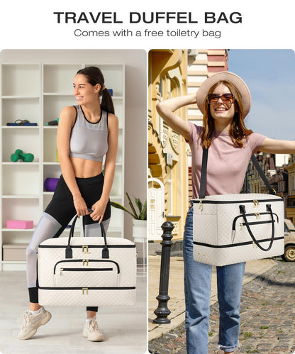 CLOKARS Travel Duffle Bag, Wide Open Large Weekender Bag for Women with Shoe Compartment, Carry on Overnight Bags with Toiletry Bag, Hospital Bag for Women Labor Delivery with Wet Pocket (Beige Black)
