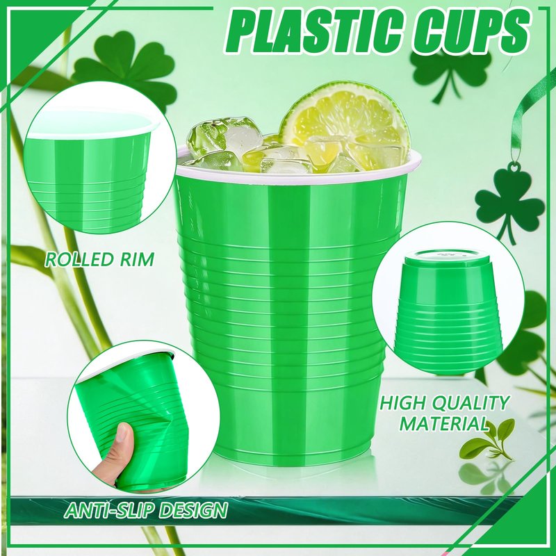 Dualshine 100 Pack Green Plastic Cups 18 oz, Disposable Heavy Duty Drinking Cups for St Patrick's Day, Graduation Cup for Christmas Wedding Birthday Beer Taste Serving Snack Sample Tastings Barbecues