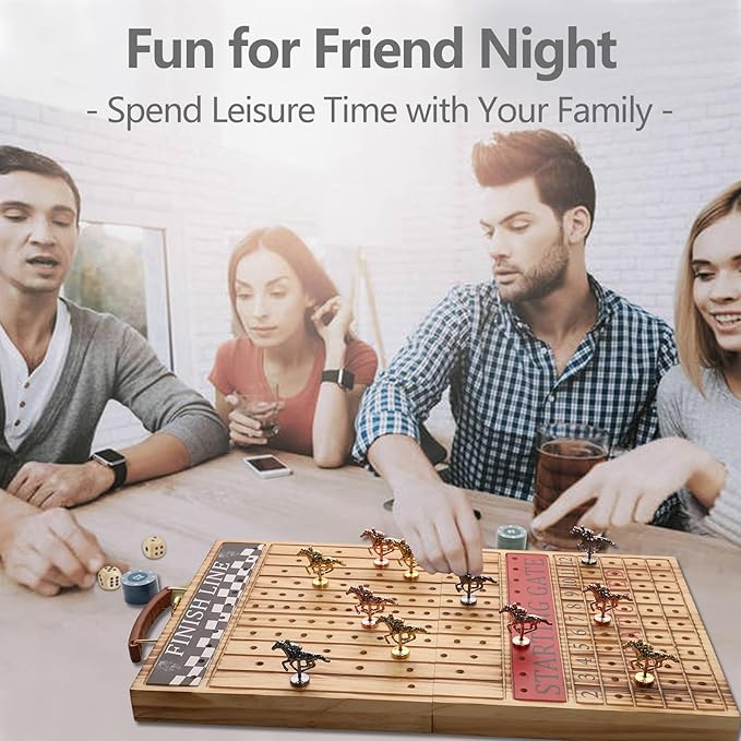 Wooden Finish Line Horse Racing Board Game Equipped with 11 Luxury Metal Craft Horses Adult Chessboard Including 2 Dice and 2 Boxes of Cards Folding Box Game Board (Light Flame)