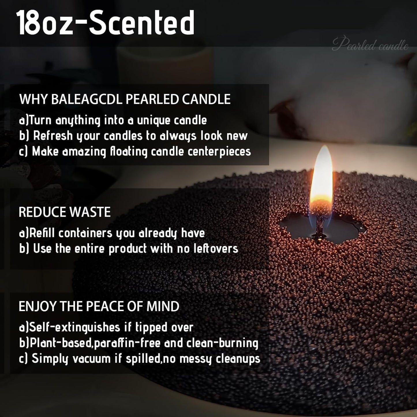 Pearled Sand Candles with Wicks 18 Oz-Refillable Sandalwood&Jasmine Scented Natural Pearled Candle Sand Wax Pearl Candle Powder Beads-Non Toxic Luxury Long Lasting 120 Hours Candles Making Kit Black
