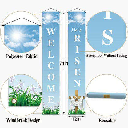 He Is Risen Porch Banner Easter Christian Cross Lily Religious Holiday Party Front Door Sign Wall Hanging Party Decoration