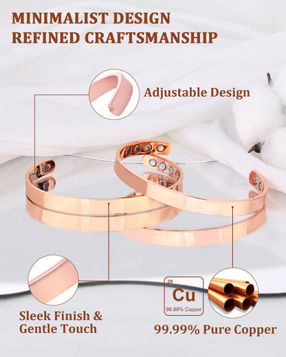 BioMag 2 Pcs Copper Bracelets for Women Men, 99.99% Pure Copper Cuff Bangle with 8 Pcs 3500 Gauss Magnets, Adjustable Size, Simple and Stylish Design