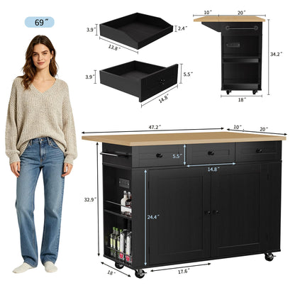 IDEALHOUSE Rolling Kitchen Island with Drop Leaf Countertop, Charging Station & Ample Storage - 47.2" Mobile Kitchen Cart On Wheels with Pull-Out Shelves, Drawers, Spice Rack & Organizer Divider